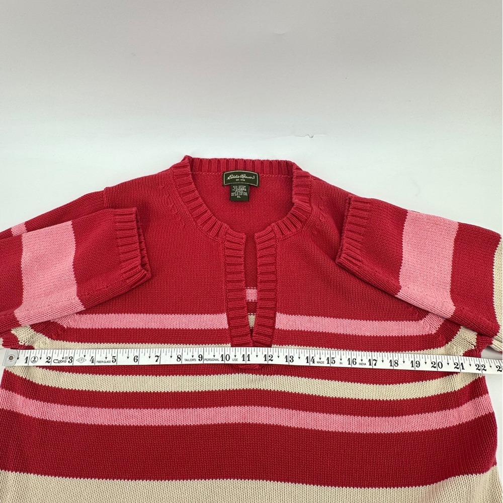 Eddie Bauer Striped Sweater Womens XL Red Pink Split V-Neck Cotton Coastal - Picture 7 of 9